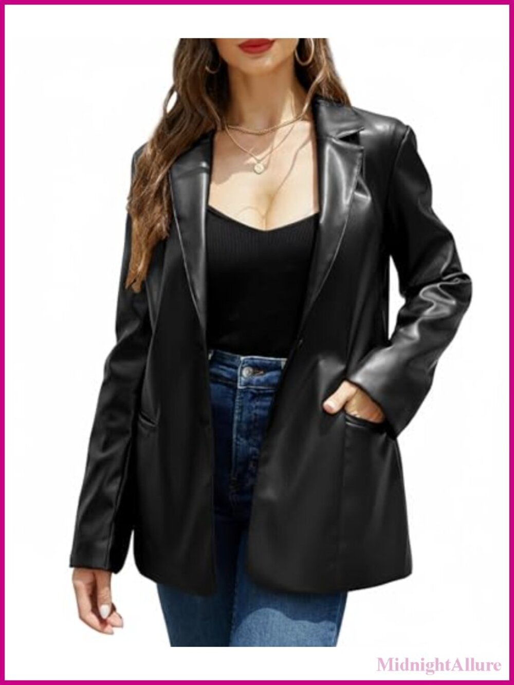 Women's Faux Leather Blazer Jacket Soft PU Coat Button Down Notch Lapel